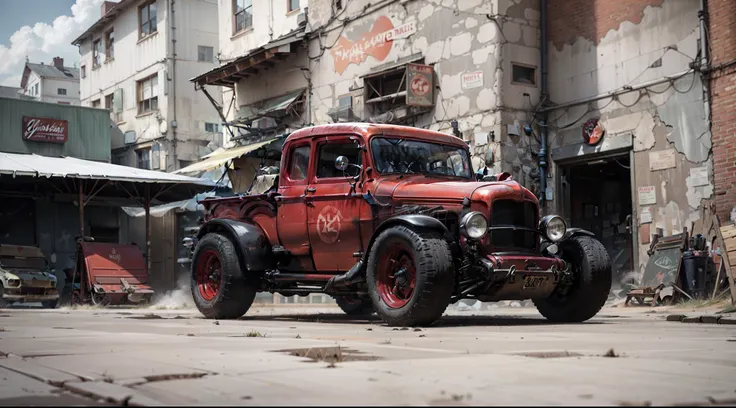 there is a old red truck parked in front of a building, restomod, ford model t, classic cars, 1929, 1 9 2 9, black steel with red trim, classic car, 2 0 1 2, 2012, red car, vintage cars, desktop background, vehicle photography, vintage car, three-quarter b...