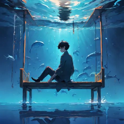 (((OilPaintStyle))), The simulation is delicate, Mysterious mood, Araved man, under the water, Float on the bench, Relax, Seated reflection, Blue background