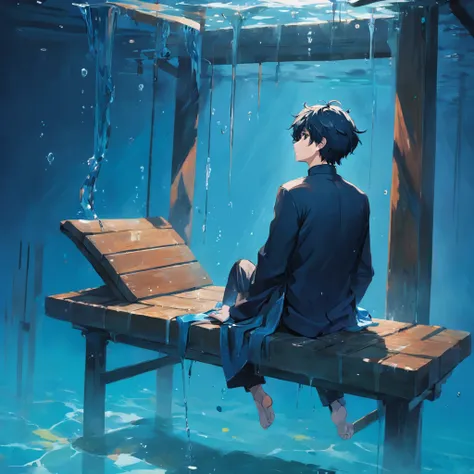 (((OilPaintStyle))), The simulation is delicate, Mysterious mood, Araved man, under the water, Float on the bench, Relax, Seated reflection, Blue background