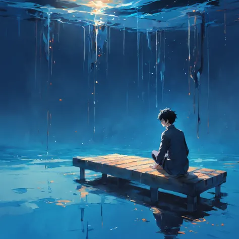 (((OilPaintStyle))), The simulation is delicate, Mysterious mood, Araved man, under the water, Float on the bench, Relax, Seated reflection, Blue background