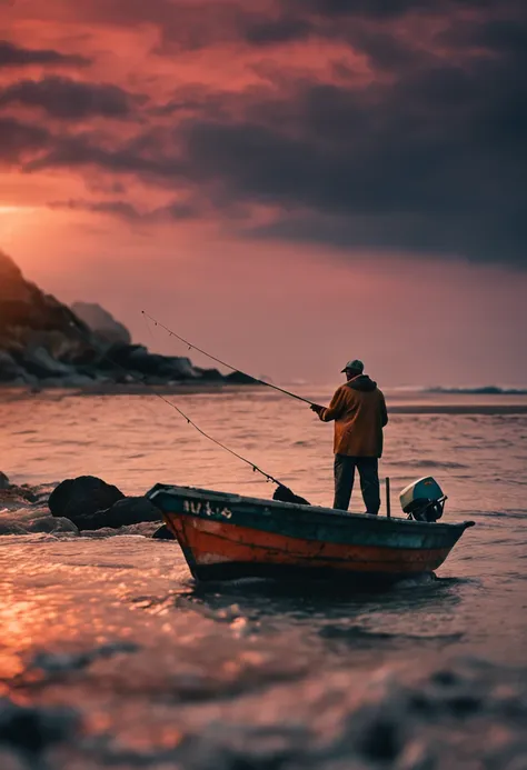 Fisherman standing at the tip of a fishing boat