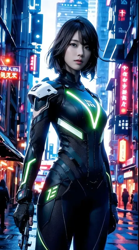 ((top-quality)), ((​masterpiece)), ((realisitic)), (detaileds), (Photorealsitic:1.5), Future Girl, (perfect body type), (White bodysuit), lights on armor, Cybernetic Headwear, Look at viewers, dynamicposes, postapocalyptic, destroyed city background, build...