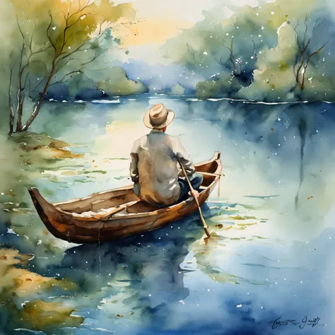 (((OilPaintStyle))), The simulation is delicate, Mysterious mood, Araved man, under the water, Float on the bench, Relax, Seated reflection, Blue background