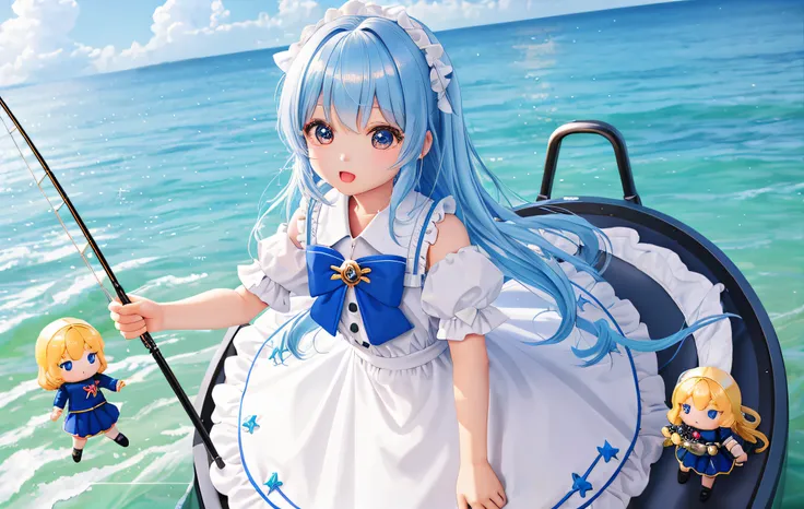 Go fishing on a boat，Pop Mart Blind Box IP、Close up of four cute knight dolls、Young One Angel Style、Wear longer, Dress fluently、Lop style、Poseline doll、Little people々々々々。Little people々々々々、unreal enginee 5、Light 3D/C4D production: 8K HD quality/illuminating...