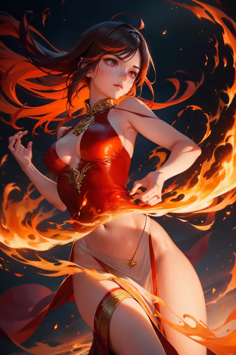 A captivating photograph that freezes a moment of fiery creativity, showcasing a girl immersed in the art of fire manipulation. Flames burst forth from her fingertips, swirling and twirling in a dance that defies gravity. As she moves, particles of glowing...