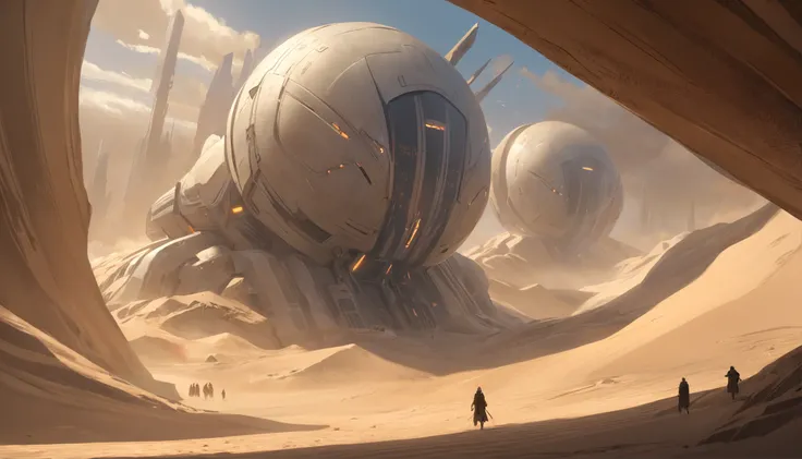 Dune concept art，Clean and neat tones，Sci-fi base scene，Huge scene，Square-shaped complex，Soviet aesthetic architecture，huge buildings，There are many ships in the air，Size contrast，crowd of，Soldiers versus soldiers，Big scenes of war，smog，epic concept art，Fi...