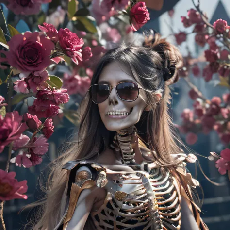 near pond，32K（tmasterpiece，k hd，hyper HD，32K）Burgundy double ponytail，flower stick，Indigo Skull King ，Hold the big G steering wheel （The skeleton is realistic：1.4），Python pattern robe，Silver skull flower ornaments，Sargin linen cloak，Petals flutter，Snow red...