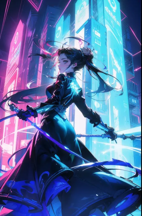 (Masterpiece, Top quality, Best quality, offcial art, Beautiful and aesthetic:1.2),(Blue-violet Neon Lighting), (Vibrant glow), Dynamic colors, Striking contrast, futuristic vibe, electric energy,shiny reflective surfaces,(Cityscape:1.3),8K,offical wallpap...