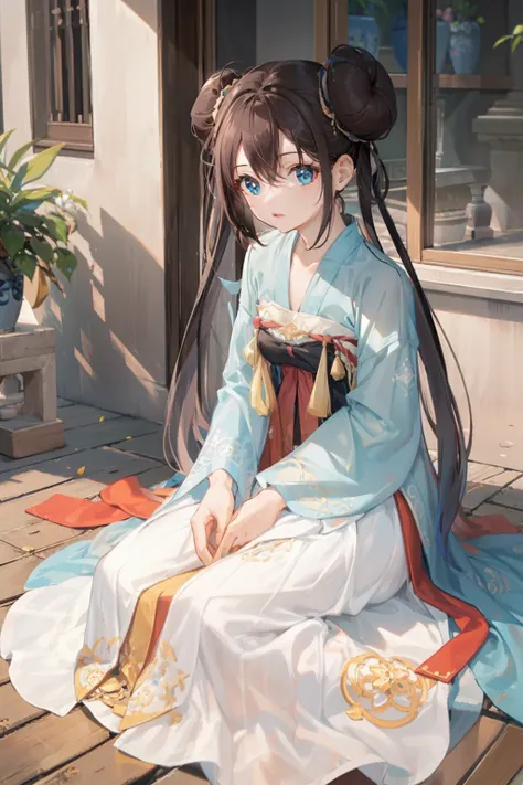 ro1, hair bun, twintails, long hair, blue eyes:1.5, hanfu, tang style, full body, sitting on ground, perfect eyes:1.2, detailed eyes:1.4, Ultra-realistic 8K CG, masterpiece, ((ultra-detailed background, delicate pattern, intricate details)), best quality, ...