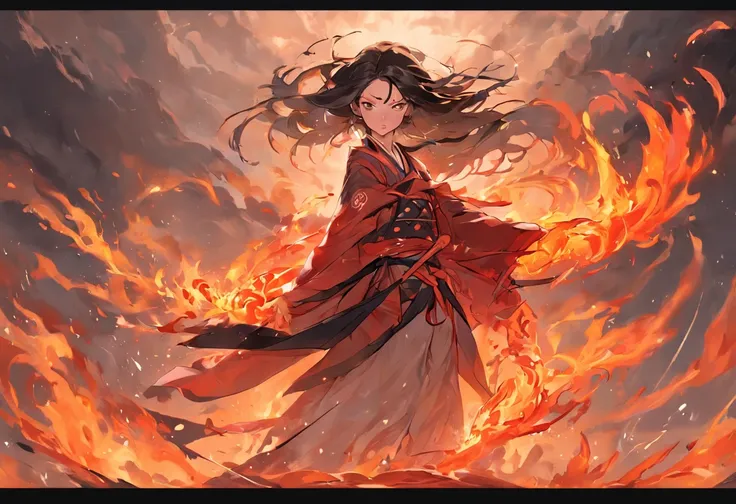 Chinese Taoist female samurai，8k wallpaper，Hanfu，超高分辨率，xiuxian，Compose an intense and dramatic scene featuring a girl holding a sword amidst a sea of roaring flames. The girl should exude strength and determination, standing tall with her feet firmly plant...