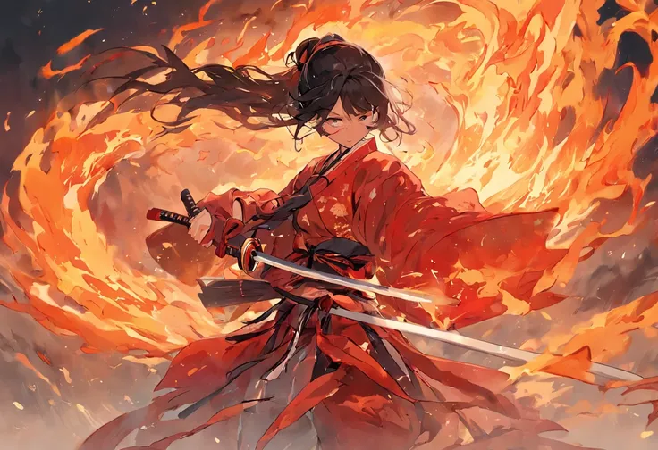 Chinese Taoist female samurai，8k wallpaper，Hanfu，超高分辨率，xiuxian，Compose an intense and dramatic scene featuring a girl holding a sword amidst a sea of roaring flames. The girl should exude strength and determination, standing tall with her feet firmly plant...