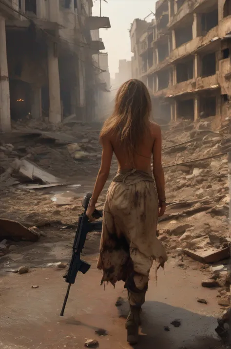 A tanned woman with very long hair stumbles through the streets of a destroyed city with a naked upper body, a bleeding bullet wound in her left shoulder, an automatic rifle in her right hand, full of mud, blood, and wounds, and wearing a torn skirt. Explo...