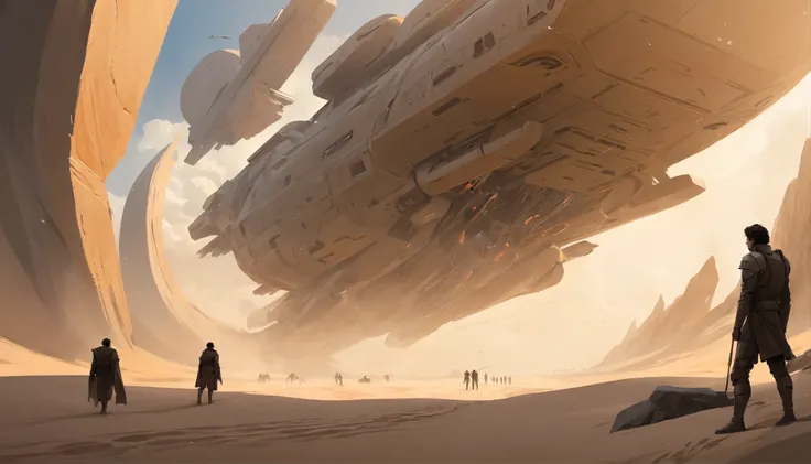 Dune concept art，Clean and neat tones，Sci-fi base scene，Huge scene，Square-shaped complex，Soviet aesthetic architecture，huge buildings，There are many ships in the air，Size contrast，crowd of，Soldiers versus soldiers，Big scenes of war，smog，epic concept art，Fi...