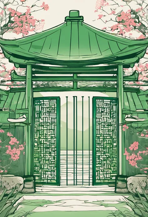 um portao japones verde Corpo largo,portao japones, perfil frontal!!!!, ✏️🎨, Illustration of Japanese Gate, s linhas limpas, Translucent SSS, front-end longo, linhas extremamente limpas, in illustration style digital, linha limpa, 1 : 1 hyper illustration,...