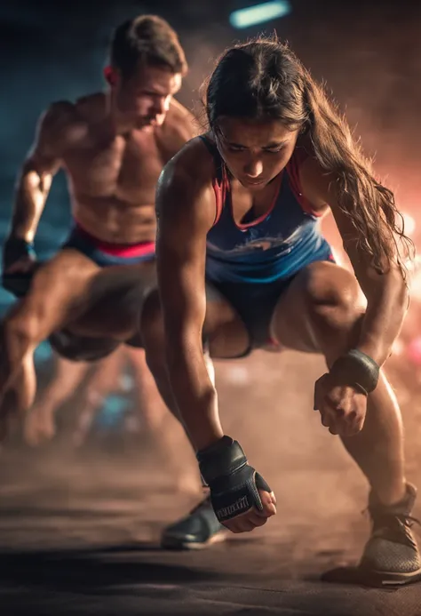 in the middle of the wrestling mat, teenage fitness girl is winning against male bodybuilder