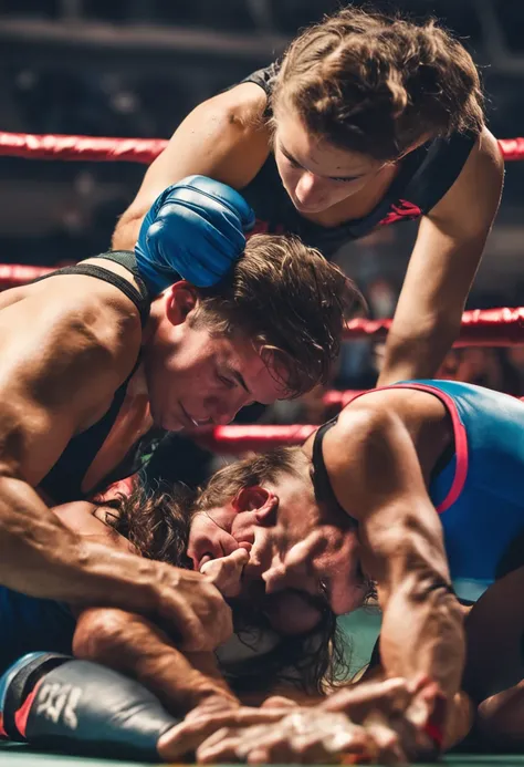 in the middle of the wrestling mat, teenage fitness girl is head scissoring male muscular wrestler