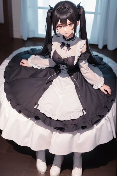 8k、genshin_impact,blue_eyes,black_hair,barbara (genshin impact),twintails、((A dark-haired:1.4))、(((full body seen)))、Smaller chest、Woman in Lolita dress、lolita costume、(((Long skirt)))、glint, scowl, jitome, sulking, deadpan、White stockings、White tights、Ang...