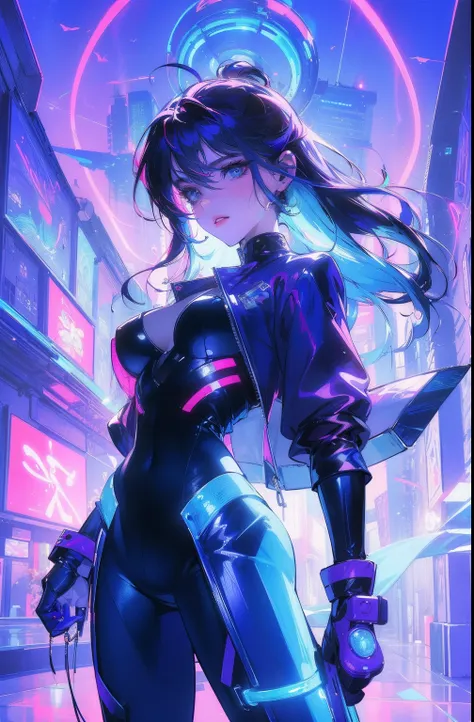 (Masterpiece, Top quality, Best quality, offcial art, Beautiful and aesthetic:1.2),(Blue-violet Neon Lighting), (Vibrant glow), Dynamic colors, Striking contrast, futuristic vibe, electric energy,shiny reflective surfaces,(Cityscape:1.3),8K,offical wallpap...