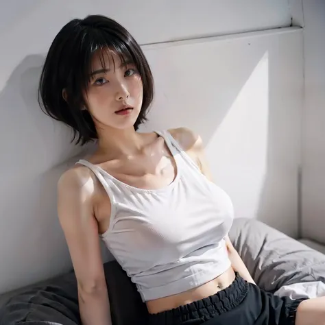 1 girl, big boobs, white tank top, black short miniskirt,bob hairstyles, smooth armpits, 18 year old japanese girl, ultra high res, 70mm lens