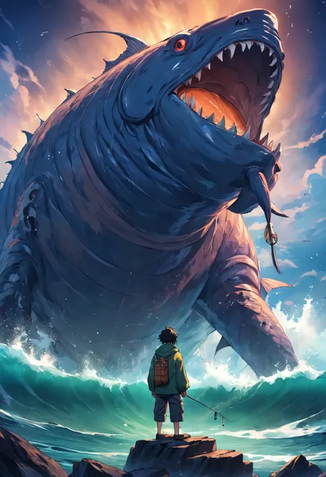 Fisherman standing at the tip of a fishing boat、Challenge giant monsters