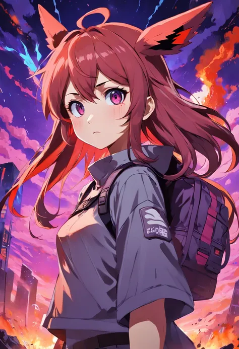 Sōryū Asuka from gospel, as a Pokémon trainer in a post-apocalyptic world, anime style, concept art, with a red and purple background, vector style, movie poster