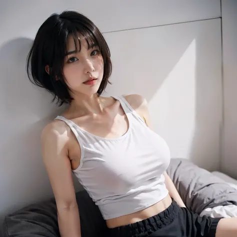 1 girl, big boobs, white tank top, black short miniskirt,bob hairstyles, smooth armpits, 18 year old japanese girl, ultra high res, 70mm lens, fix eyes