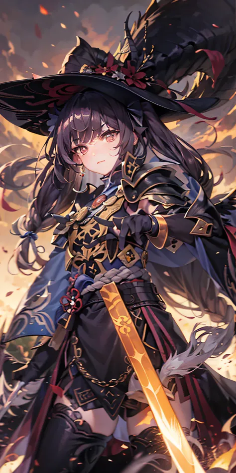 Anime figure，Dark villain，Beauty side face，Long hair flying，（golden headdress），Two teenage girls back to back，（Simple helmet）Spark ashes burn，The samurai held a sword, Wear contrasting armor, The whole picture of the witch and the witch skeleton,（standing ...