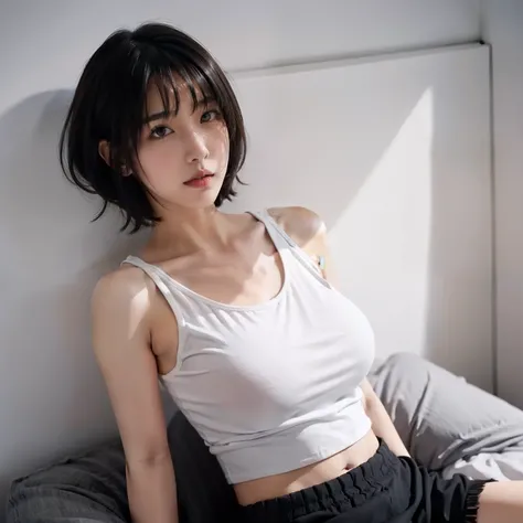 1 girl, big boobs, white tank top, black short miniskirt,bob hairstyles, smooth armpits, 18 year old japanese girl, ultra high res, 70mm lens, fix eyes