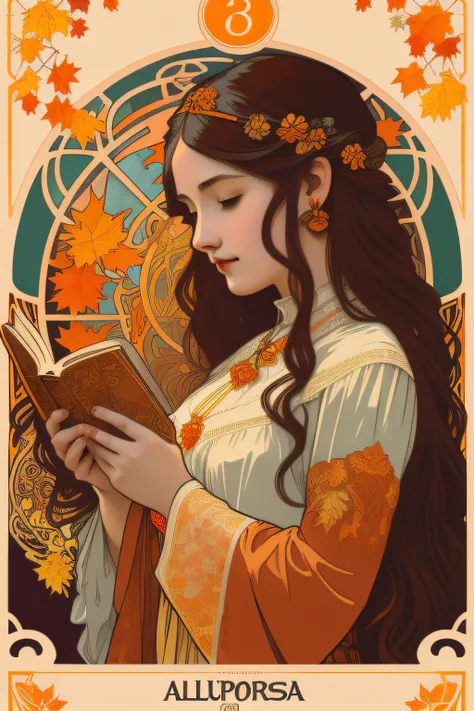 full color illustration、in the style of Art Nouveau，Tarot card style，Unique tarot card frame，Blend elements of autumn and autumn leaves，goddes，Woman reading a book、Long hair、profile、by the window　autumnal　Colored leaves、Alphonse Mucha、Poster close-up、Poste...