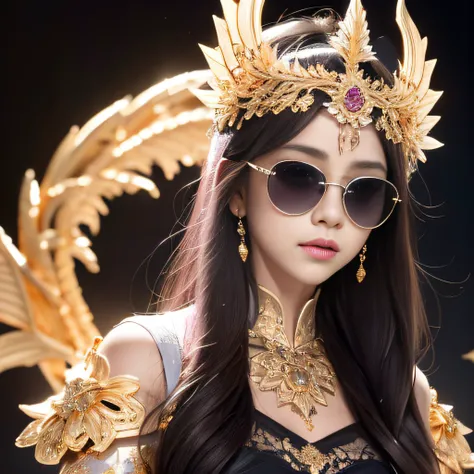 Big fairy（（（Reflective sunglasses with thick gold trim）））Reflective sunglasses with thick gold trim，32K（tmasterpiece，k hd，hyper HD，32K）Purple-pink flowing hair，Gold skull jewelry area in the back room，Skeleton King ，Rusty copper dragon skull protector （The...