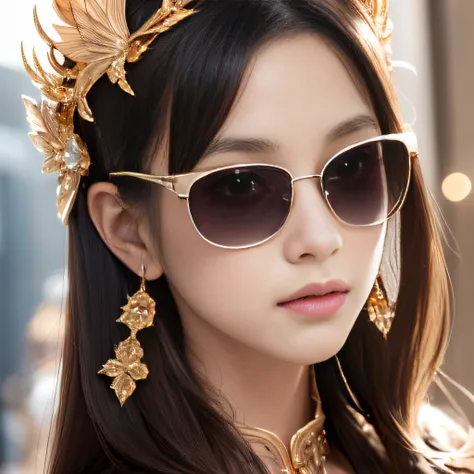 Big fairy（（（Reflective sunglasses with thick gold trim）））Reflective sunglasses with thick gold trim，32K（tmasterpiece，k hd，hyper HD，32K）Purple-pink flowing hair，Gold skull jewelry area in the back room，Skeleton King ，Rusty copper dragon skull protector （The...