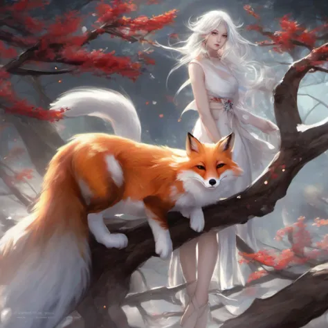 send，tmasterpiece，beautifuldetails，Extremely colorful，Exquisite details，Delicate lips，The details are complex，Realiy，Ultra photo realsisim，A girl and a white-haired fox sit on a branch：1.1，Raised sexy，seductiv，ethereal fox，nine tail fox，Fox three-tailed fo...