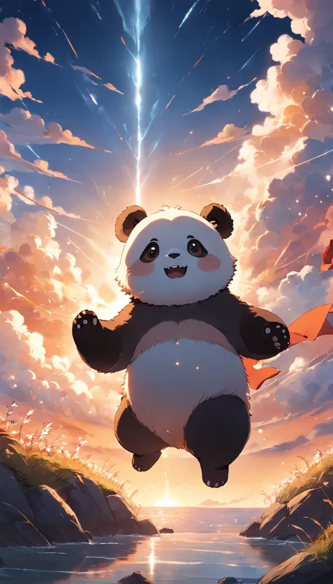 tmasterpiece, best qualityer, cinematic Film still from, 1panda, Panda Cloud, floating into the sky, Close-up, brightly, cheerfulness, Soft lighting and warmth, Sun sunset, (spark of light: 0,7)