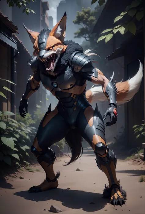 sci fi humanoid creaturewearing sci fi armor  with the feathers of a fox and mutant traits similar to rocket teeth, expressive, ...