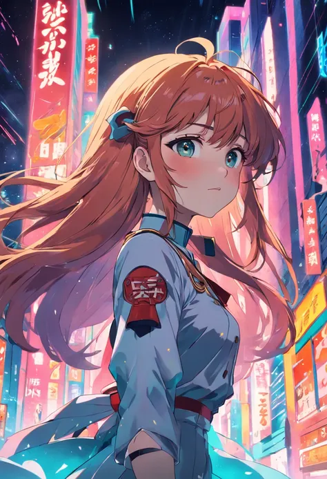 A close up of a poster of Sōryū Asuka from gospel 80 s vibe anime, 8 0 s anime art style, 8 0 s anime style, Art Deco beats anime aesthetic, Masterpiece Epic Retrowave Art, 9 0 s art style anime, 9 0 s anime style, 90s anime style, in the art style of 8 0 ...