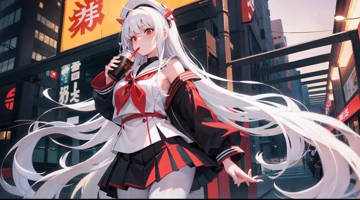 Long white hair, Red eyes, Black pleated skirt，Inside was a white sailor suit，Wearing black pantyhose, Plump body, An anime character, Only one person，Drinking brown drinks on the street