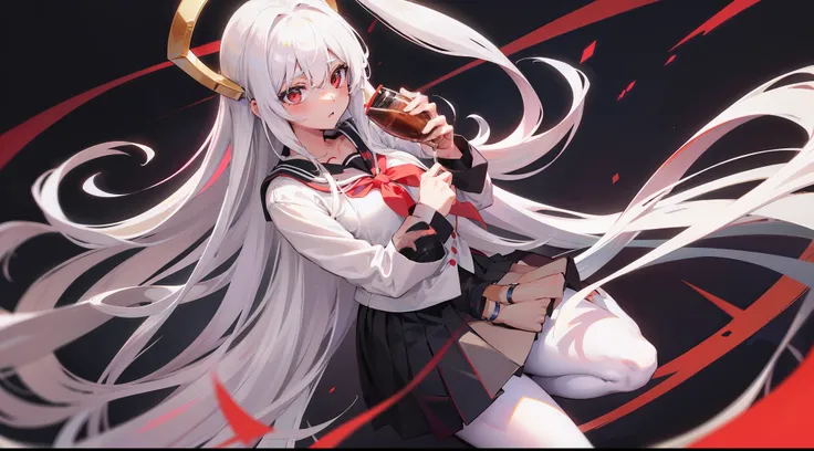 Long white hair, Red eyes, Black pleated skirt，Inside was a white sailor suit，Wearing black pantyhose, Plump body, An anime character, Only one person，Drinking brown drinks on the street