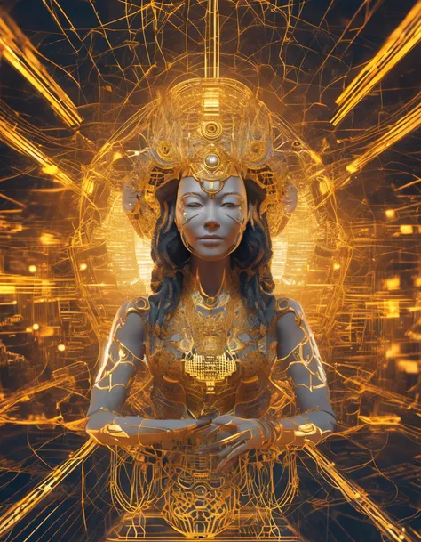 Cybernetic immortal goddess, The pixels illuminate her golden form, The palm holds the code of the Dao. Lotus pose floating in matrix, Energy flows through her circuits. The third eye looks to the future of networks, Go beyond the digital and physical plan...