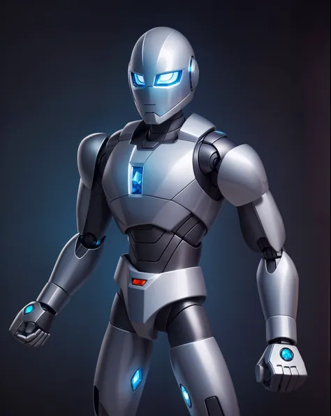 High quality, silver and gray body, shiny body, white crystals for eyes, blue crystals on chest, night background, silver hero suit, heros head, robot,