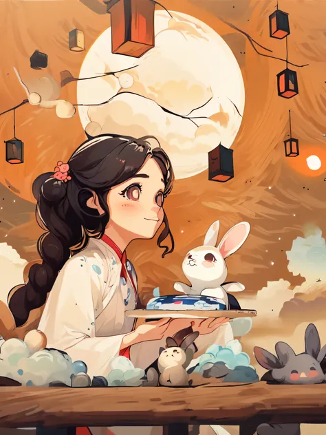 1sticker，a sticker， Nikkaze，（Cute girl），(Gorgeous Hanfu)，（gorgeous hair accessory），（Japanese traditional hairstyle），the white rabbit，Clouds，Behind it is a huge round moon，stars， white backgrounid， nothing background， simple backgound， dk， adolable， Small， ...