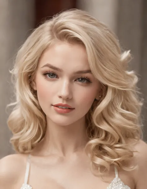 realistic,  a beautiful 22-year-old Marilyn Monroe, flawless, pretty young woman exuding a graceful and alluring presence, pretty face, blonde hair, big brown eyes, . Her figure is perfection,  Happy face, Full buts, impressive emerald and diamond necklace...