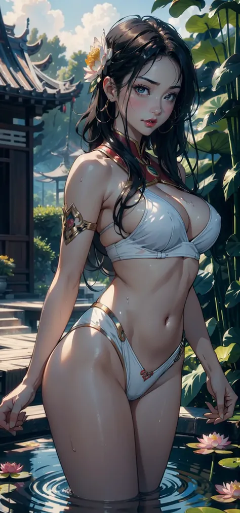 1female，36 years old，Bigchest，Raised sexy，Pornographic exposure， 独奏，（Background with：Surrounded by lotus flowers，bamboo forrest，Lotus pond，lotuses，lotus flower，china rose，rosette，chrysanthemums） She has short black hair，standing on your feet，Sweat profusel...