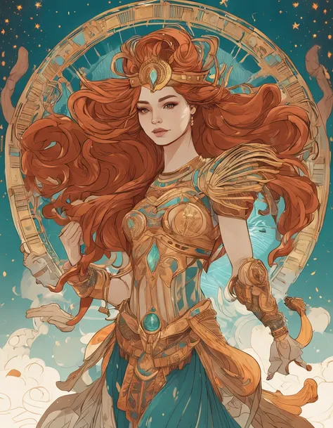 （hoang lap、high high quality、ultra detailed to hand），Zodiac sign- Aries goddess，Similar to Latin goodness，bravery，willful，Productive，The face of enterprising and humanitarianism，sunset reddish hair，Ancient Greek costumes、See-through dresses，The background ...