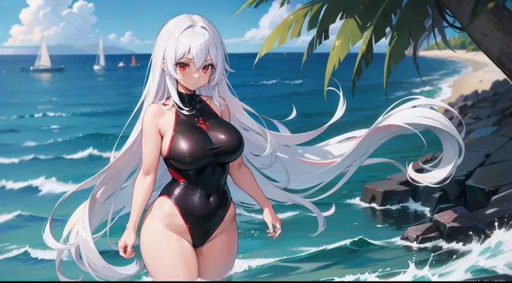 Long white hair, Red eyes, Black swimsuit, Plump body, An anime character, Only one person，Have by the sea