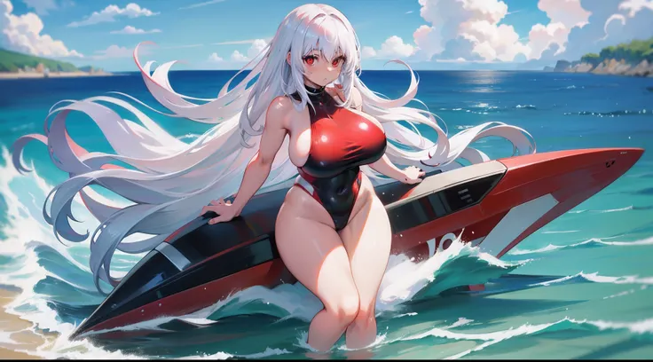 Long white hair, Red eyes, Black swimsuit, Plump body, An anime character, Only one person，Have by the sea