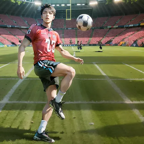 There was a blonde American playing football on the field, soccer player, wide angle dynamic action shot, Shin Jung-ho, siwoo kim, with unreal engine, Kim Tae-joon, akihiko yoshida. illusory engine, play soccer, soccer player, Shin Jinying, seseon yoon, so...