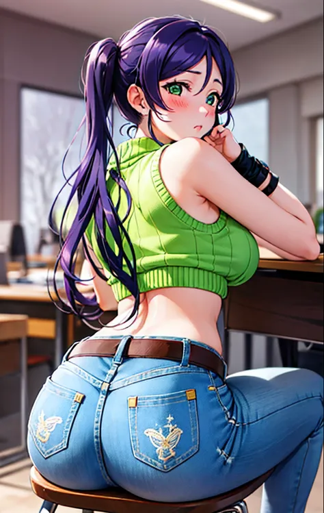 Toujo nozomi, green eyes, low twintails,ASS, SITTING, SOLO, LOOKING BACK, FROM BEHIND, DESK, THIGHS, ASS FOCUS, CHAIR, HUGE ASS, sweater, sleeveless,midriff,denim pants,belt, llchar,big breasts, outdoors, snow, (blushing:1.3)