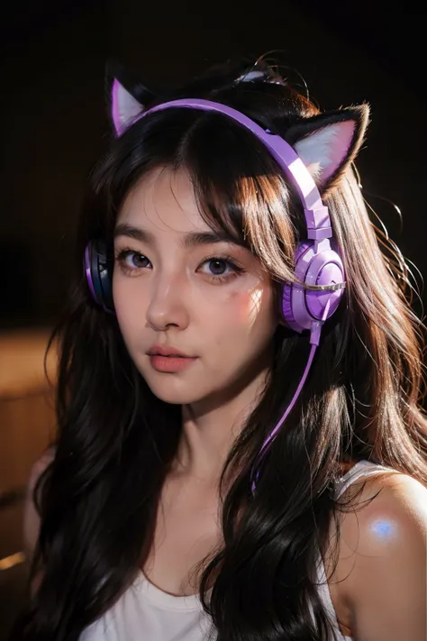 gaming girl, long curly hair, animal ear headphones , glowing skin, purple lens, beautiful face,