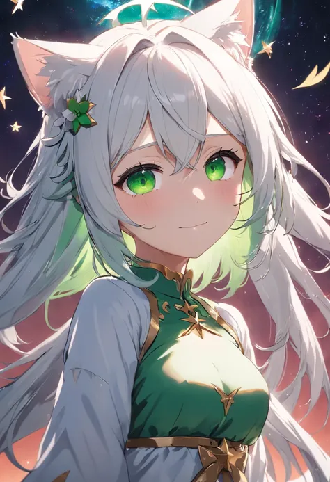 White hair, flowers in head, Green eyes, Star eyes, Cat ears, Smile, Anime style, hyper HD, retinas, ccurate, Masterpiece, Anatomically correct, Textured skin, Super detail, High details, Award-Awarded, High quality, A high resolution, Best quality, 16k