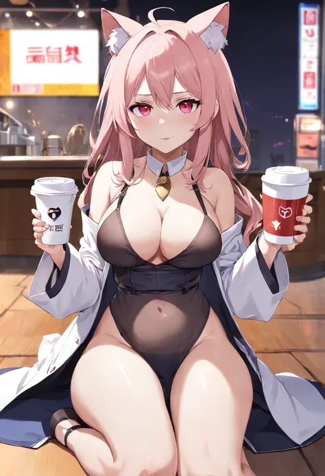 masterpiece, best quality, absurdres, looking at viewer, solo, 1girl, persica (girls frontline), 1girl, animal ears, bags under eyes, bare legs, barefoot, breasts, cat ears, cleavage, coffee mug, crossed legs, cup, fake animal ears, feet, full body, holdin...